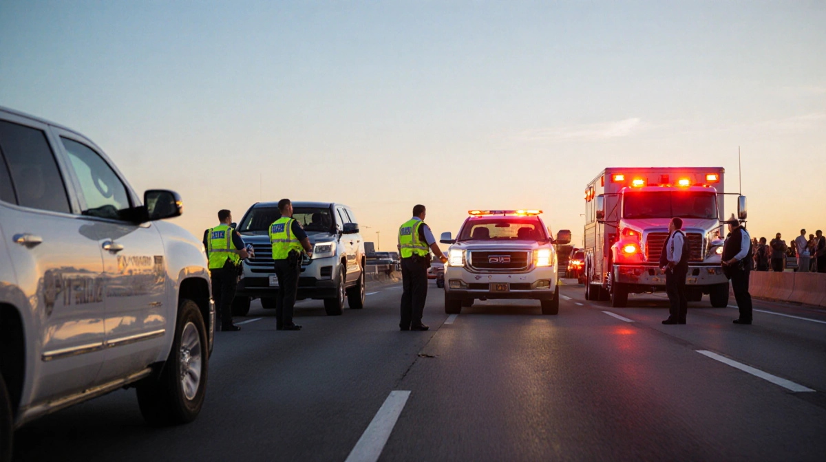 Tow truck pulling stalled vehicle with flashing hazard lights and responders directing traffic in a clear blue sky.