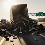 Truck debris piles across I‑35 lanes with twisted metal and construction scraps under bright sun with McCarty Lane exit signs