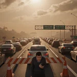 Frustrated drivers tap steering wheels with brake-light traffic jam and construction barriers visible