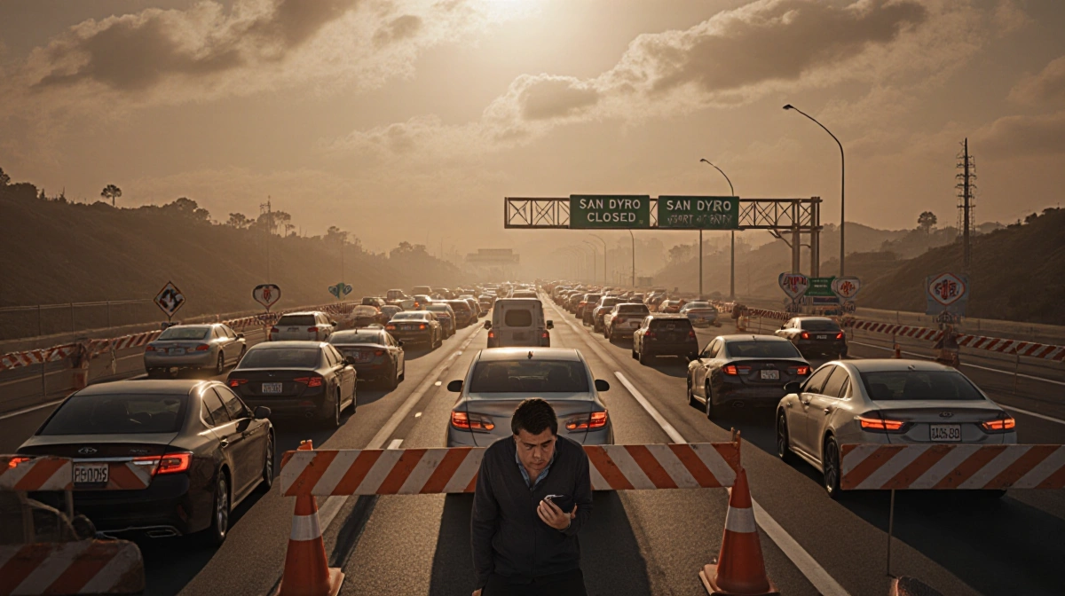 Frustrated drivers tap steering wheels with brake-light traffic jam and construction barriers visible