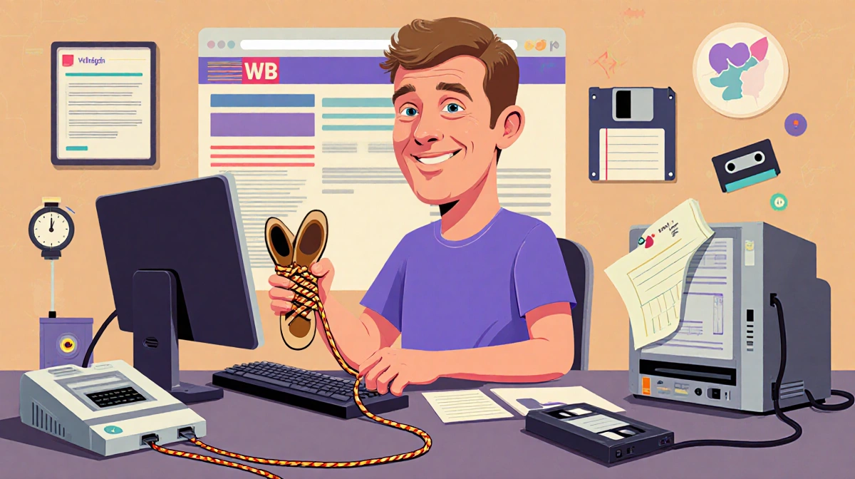 Australian Ian Fieggen tying a shoelace with a Berlutti Knot at a desk with a computer and nostalgic internet artifacts