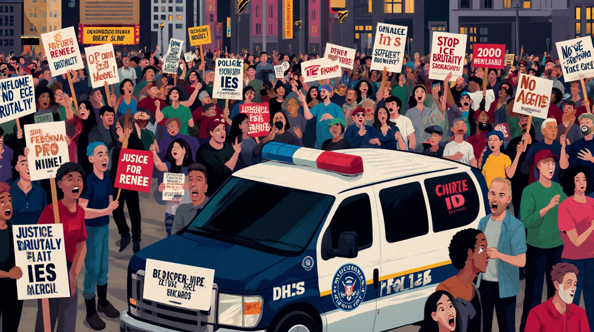 Protesters hold signs reading Justice for Renee and Stop ICE Brutality with DHS van showing federal presence