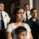 A mother cradles her child with worried parents and crisp white ICE agents in the background of a blurred school entrance.