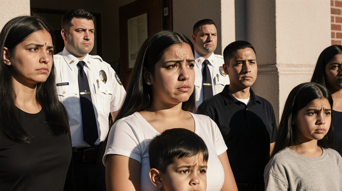 A mother cradles her child with worried parents and crisp white ICE agents in the background of a blurred school entrance.