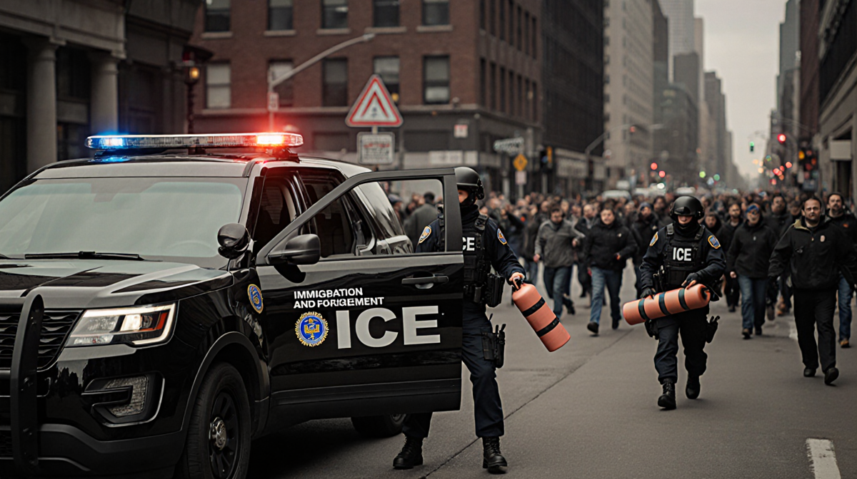 ICE vehicle parked with sirens flashing and agents holding flashbangs while crowd flees in background.