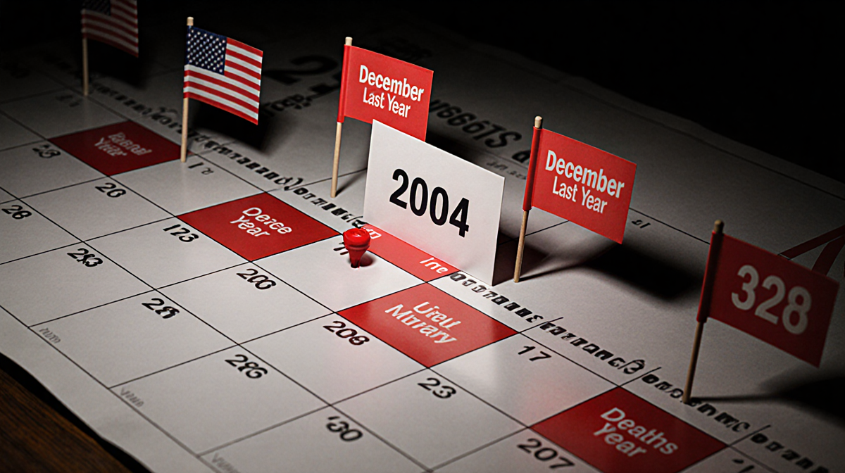 Calendar timeline showing red flag dates with 2004 highlighted and American flag background for ICE violence