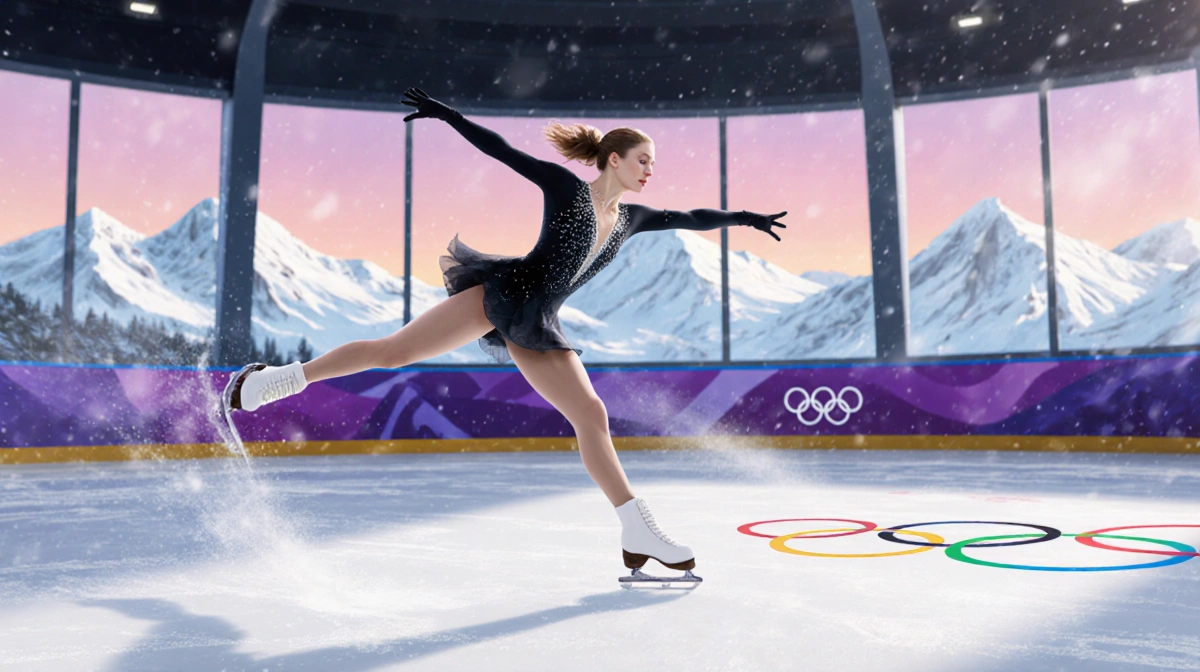 Ilia Malinin performing seven consecutive quad jumps on the ice in Olympic season with snow-covered mountains through rink wi