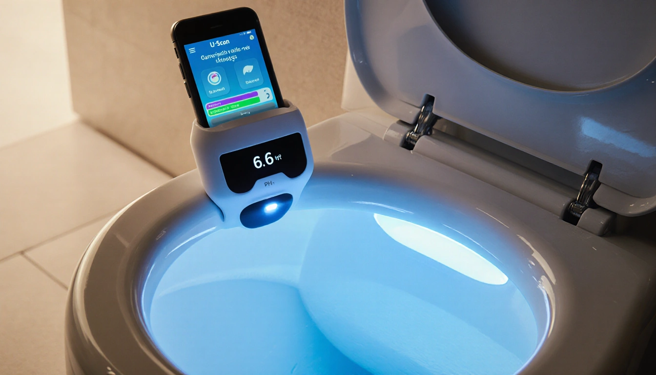 Close-up of a sleek, modern bathroom with a toilet in the center. A small, futuristic device clips onto the inside of the toi