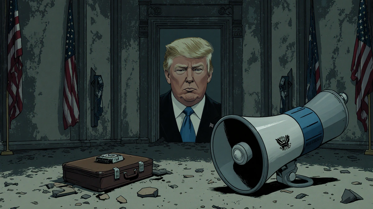 Briefcase sits beside broken Voice of America megaphone with Trump image in Hall of Nations at IMF