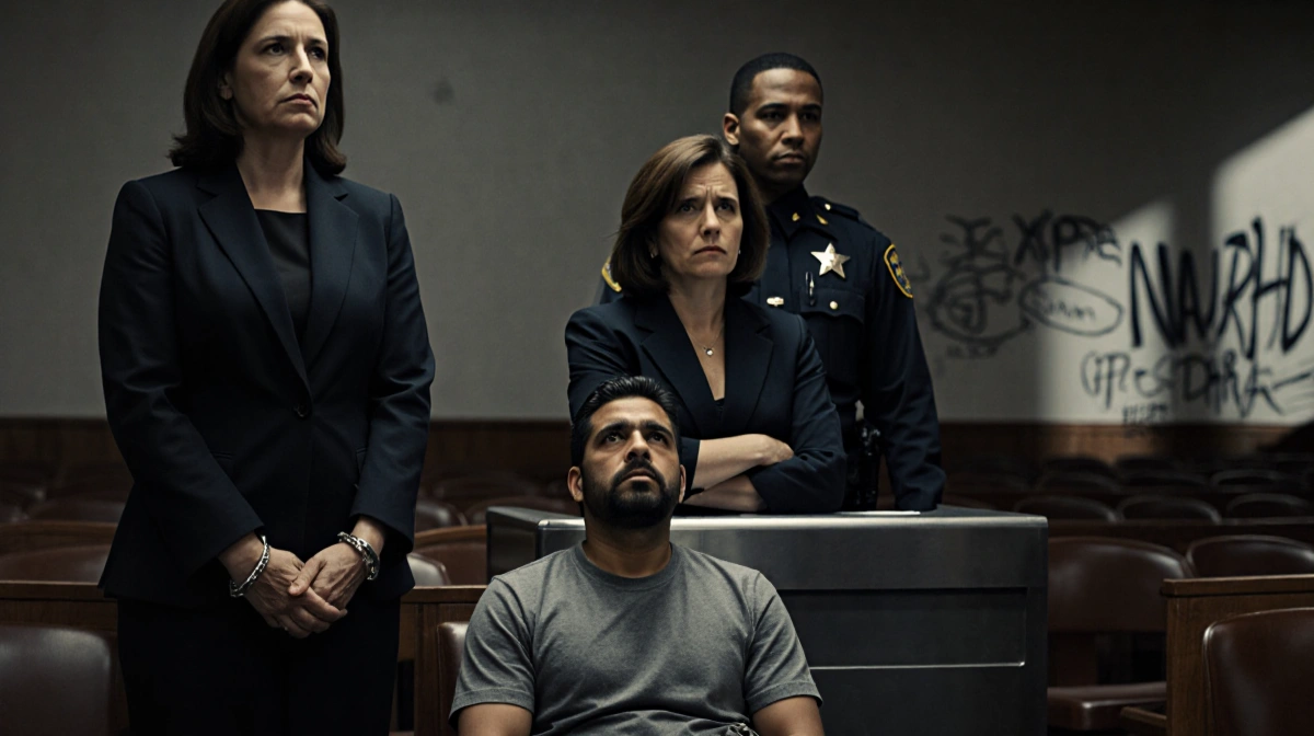 Judge Paula Xinis stands with arms crossed behind metal desk with two U.S. Marshals and a weary handcuffed immigrant looking