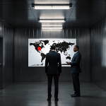 Formal-attired figure looking down at feet at immigration facility with deportation officer and map pinning a destination.