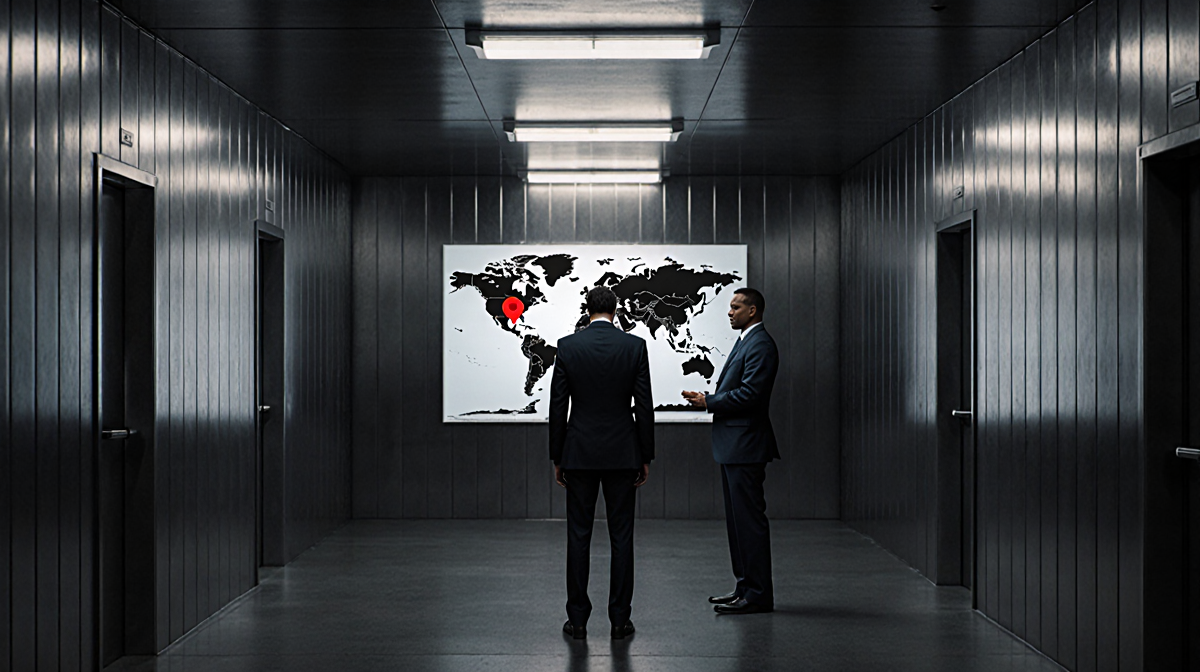Formal-attired figure looking down at feet at immigration facility with deportation officer and map pinning a destination.
