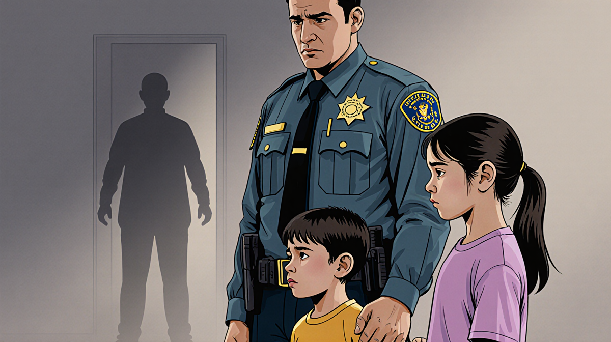 Immigration officer standing beside two children with their worried parent hint of safe person