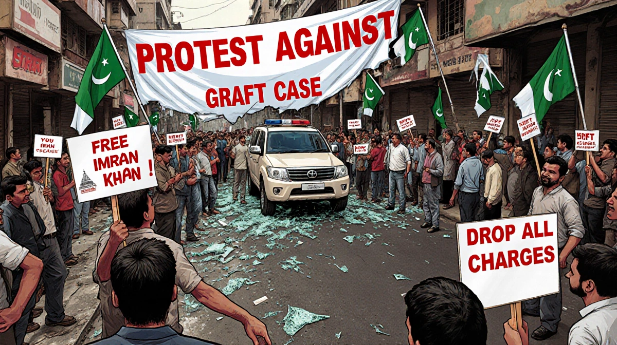 Protesters hold signs with Free Imran Khan and Drop All Charges with police vehicle leaving and shattered storefronts nearby