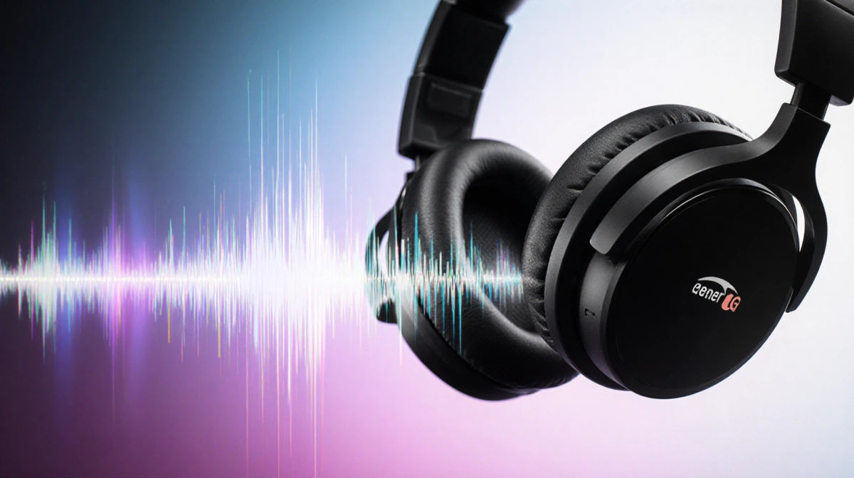 In-ear monitors reveal dual drivers with bass and treble elements while sound waves flow across musical gradients