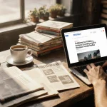 Coffee shop patrons work on laptops with vintage newspapers and books spread across worn wooden table