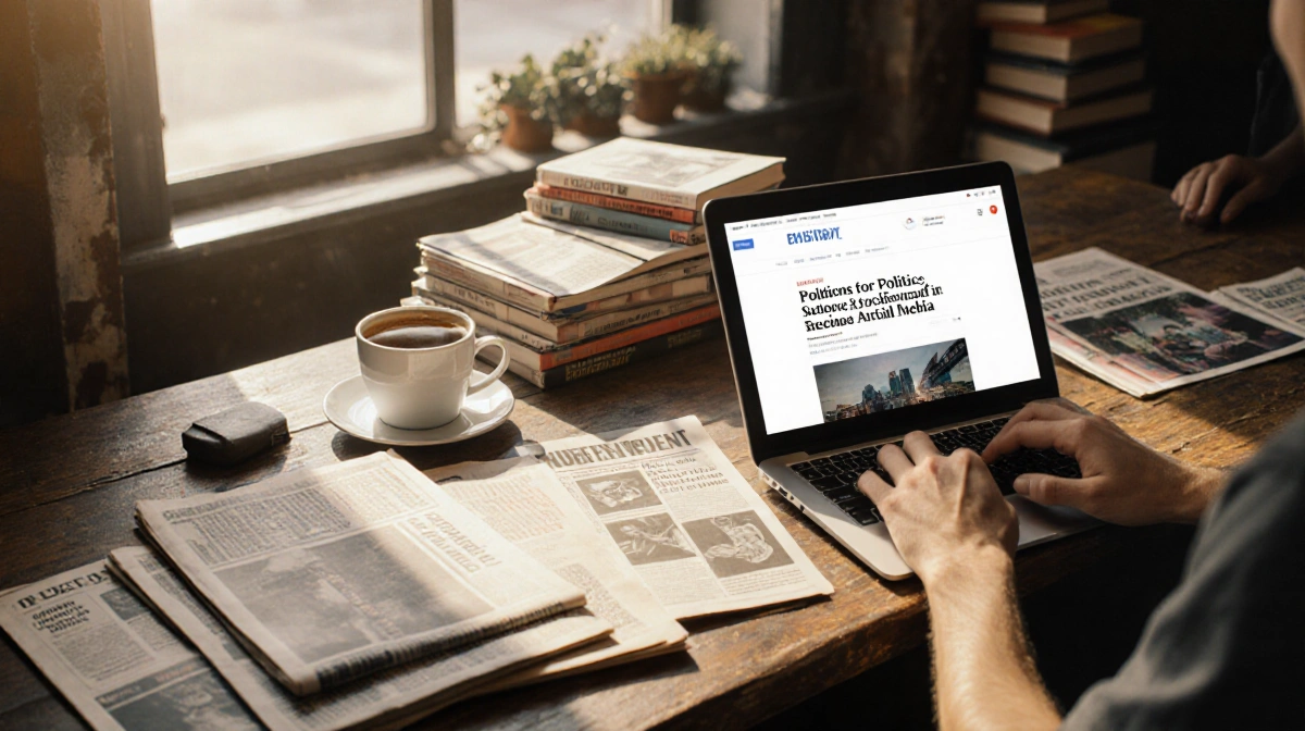 Coffee shop patrons work on laptops with vintage newspapers and books spread across worn wooden table
