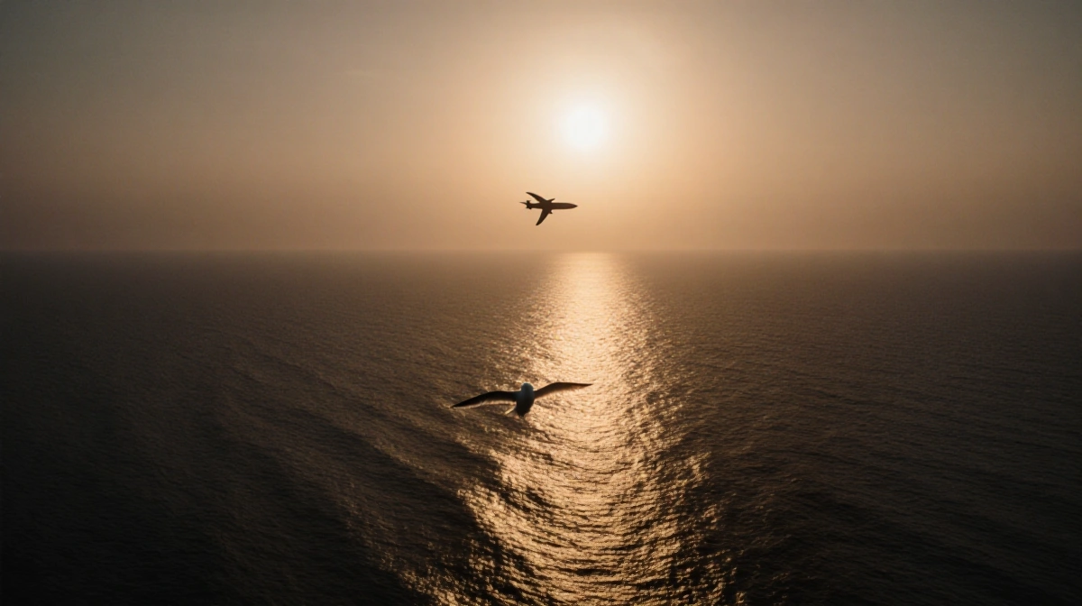 Seagull floating on Indian Ocean water with a ghostly airplane silhouette hovering over the horizon at dusk