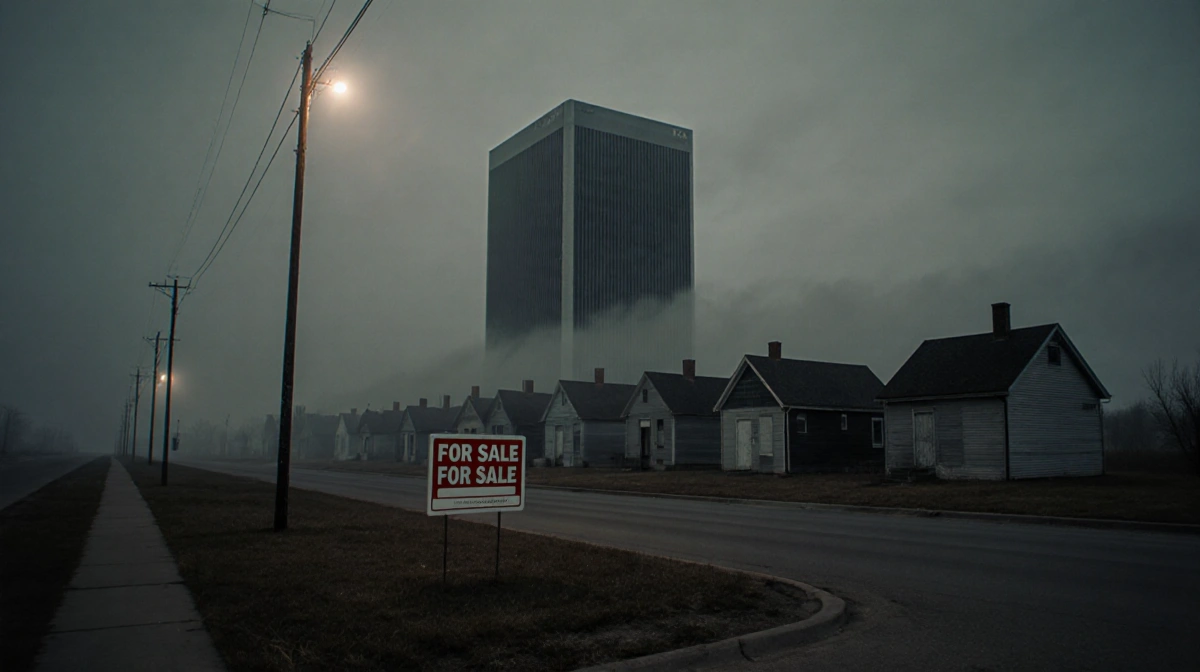 Data center rises above misty Indiana sky with a For Sale sign and shuttered houses in the background