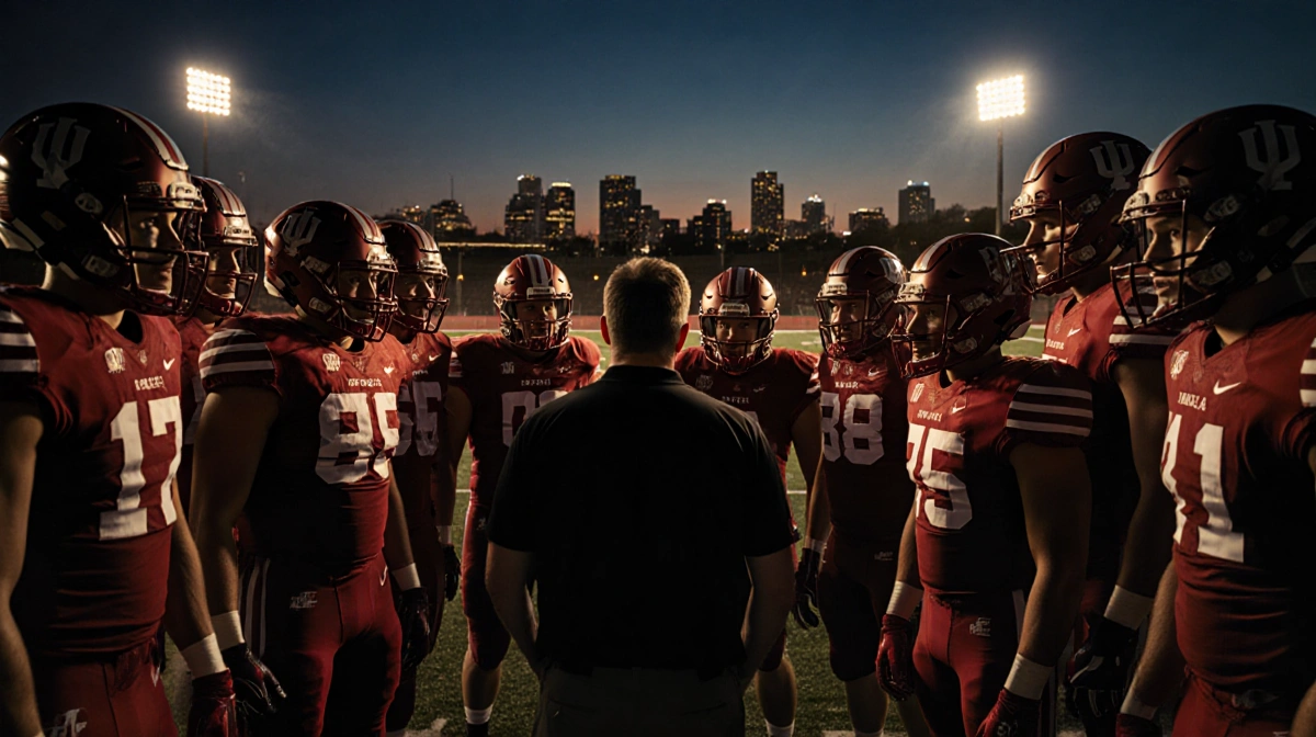 Football team huddles with coach and Bloomington skyline at dusk golden light illuminating focused faces