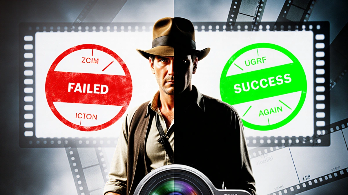 Indiana Jones stands with split-screen showing red Failed and green Success reels a camera lens foreground adjusting dials