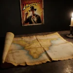 Old map spread across dusty study table with flickering candle and faded Indiana Jones poster behind.
