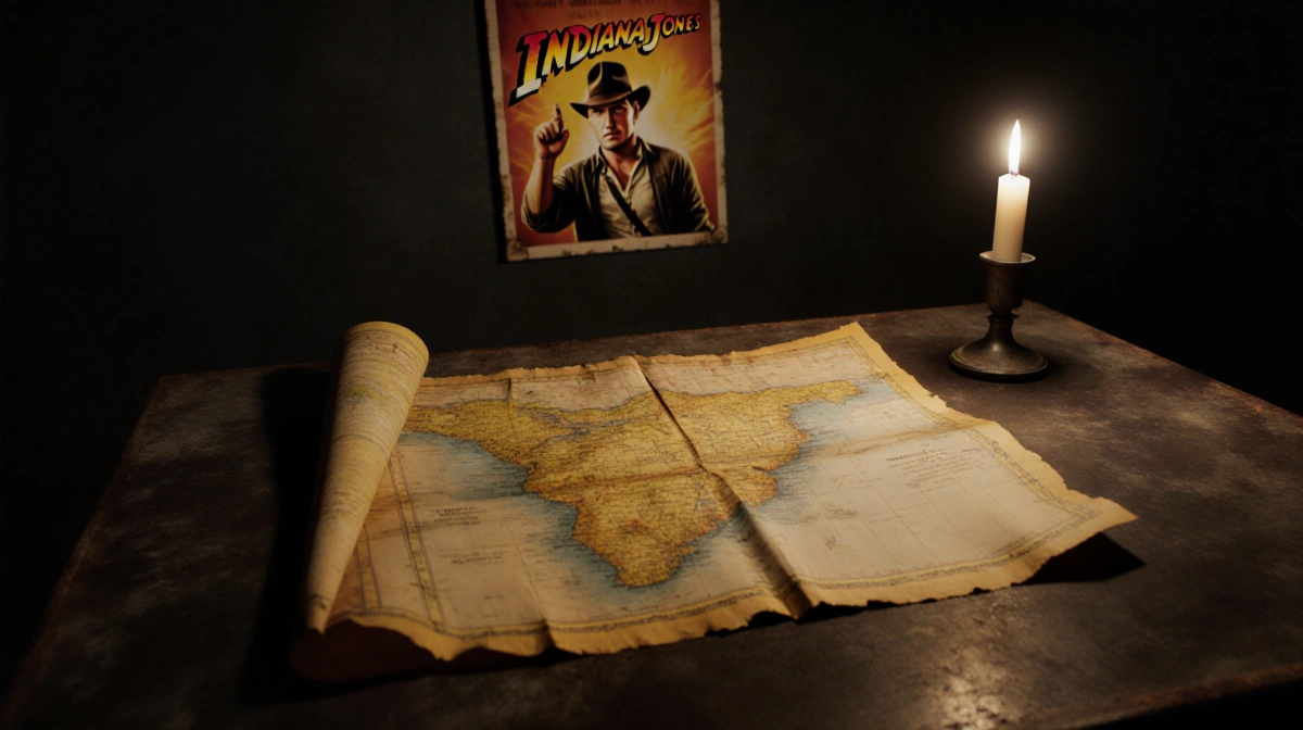 Old map spread across dusty study table with flickering candle and faded Indiana Jones poster behind.