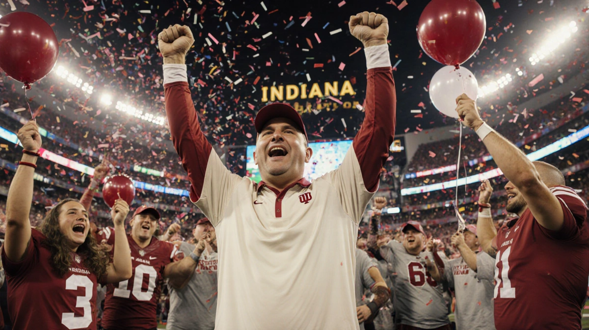 Coach Curt Cignetti triumphantly raising his arms with cheering Indiana fans in red and cream and a confetti-filled stadium