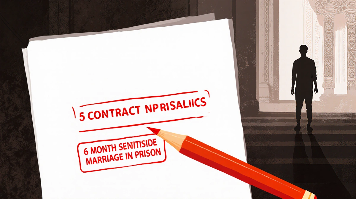 Legal contract highlighting penalties with red pen and Indonesian architectural texture soft
