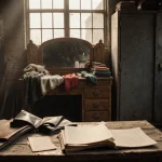 Wooden vanity displaying fabric samples in an industrial workshop with dusty windows and a metal cabinet.