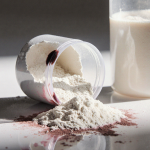 Powdered infant formula spilling from a sterile medical container with pinkish‑brown contamination on a white background