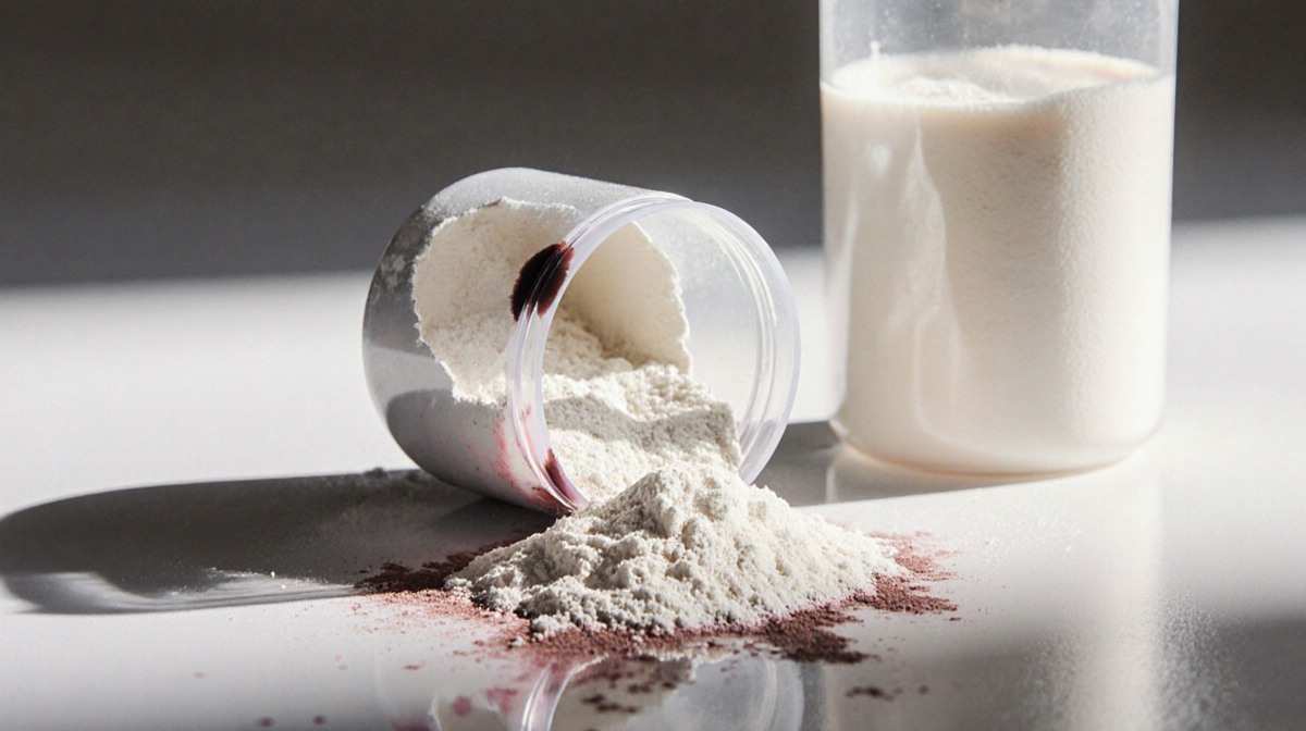 Powdered infant formula spilling from a sterile medical container with pinkish‑brown contamination on a white background