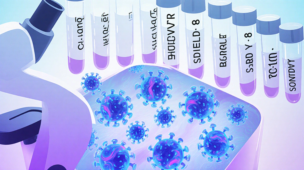 Microscope slide showing swirling blue and purple influenza viruses with subclade K label near test tubes in background