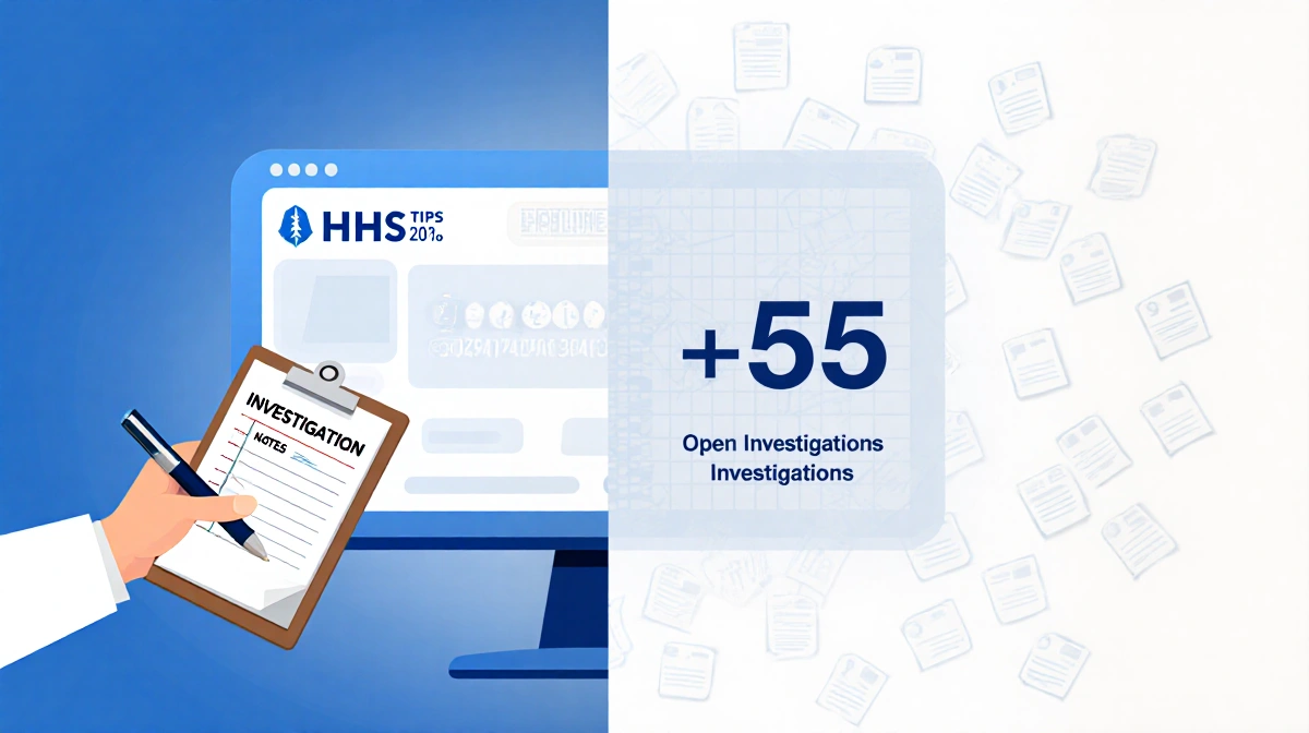 Investigator holding clipboard with notes while computer screen shows hotline number and tips counter
