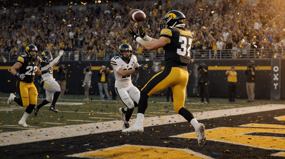 Mark Gronowski releases the ball with Reece Vander Zee leaping to catch it while a Vandy kicker watches glow Iowa football