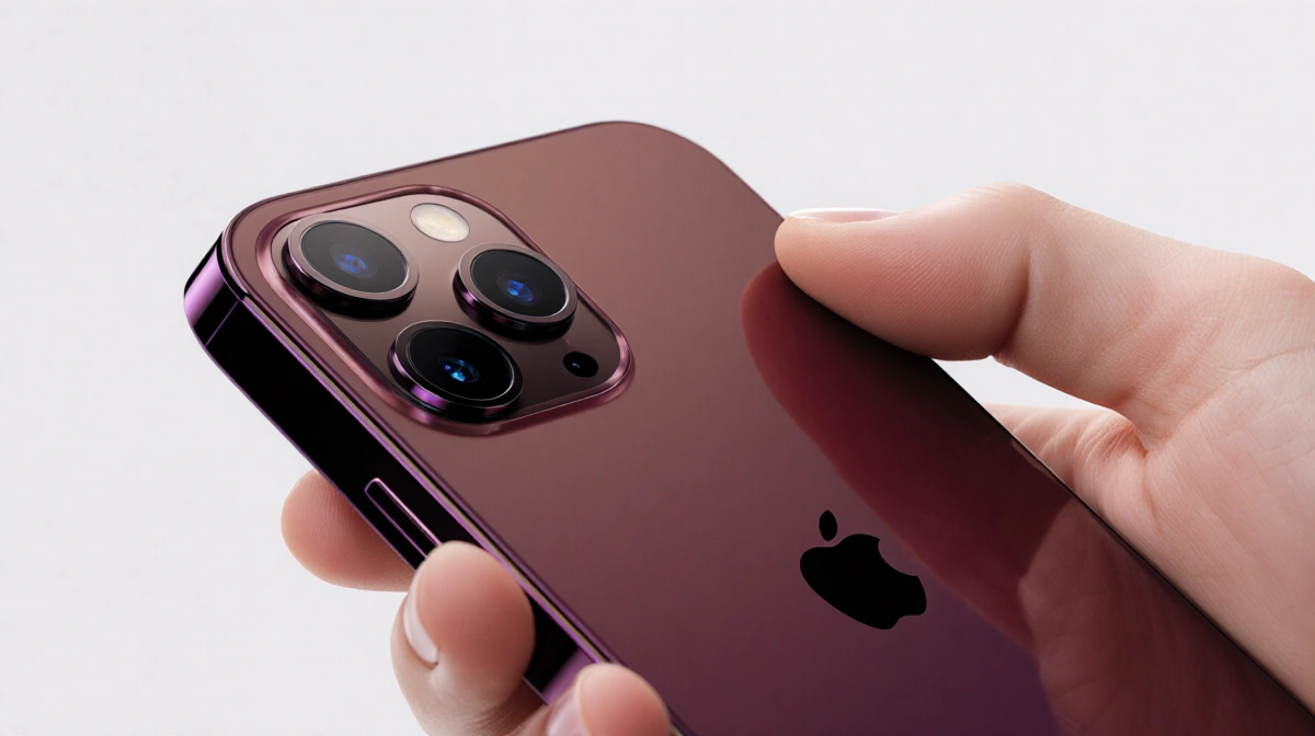 iPhone 18 Pro displaying its back panel with burgundy brown and purple accents showing camera lens and buttons