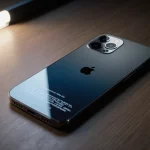 Futuristic iPhone 18 Pro rests on wooden desk with blue silver gradient back and glowing LED strip light shows innovation cry
