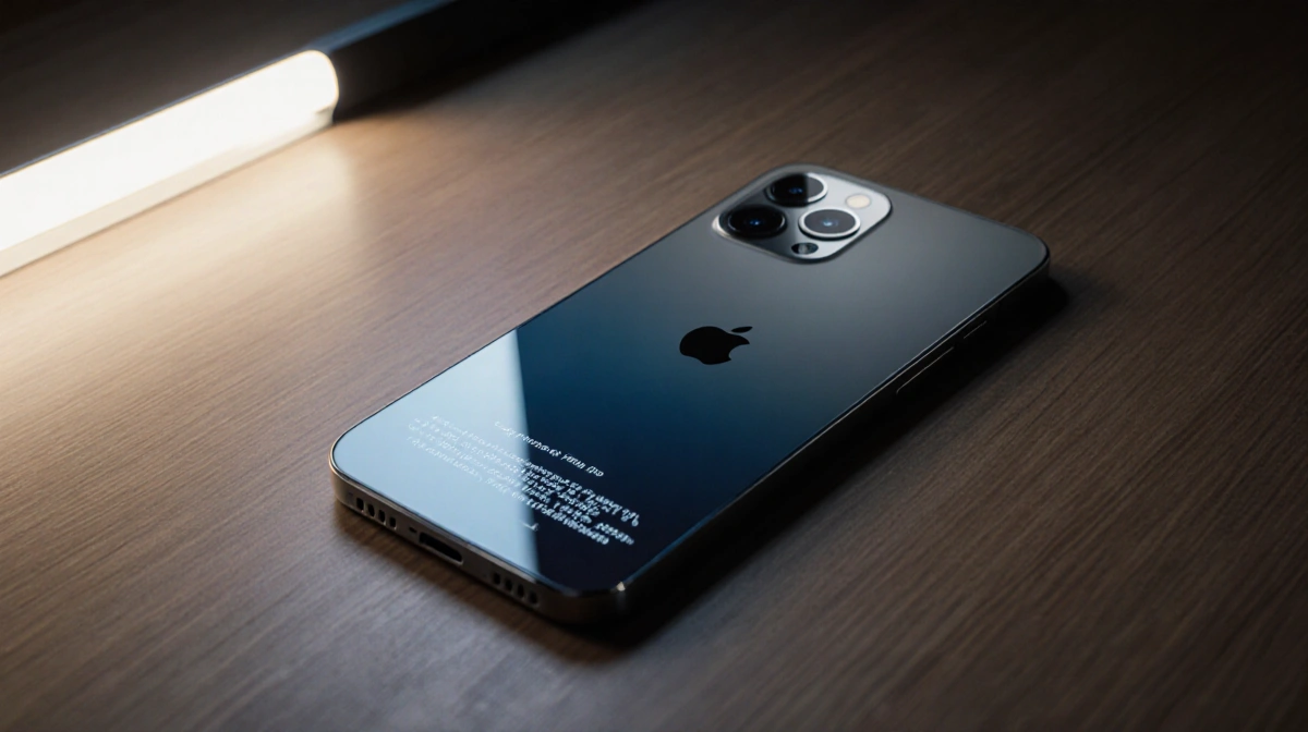 Futuristic iPhone 18 Pro rests on wooden desk with blue silver gradient back and glowing LED strip light shows innovation cry