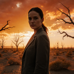 Ira Parker standing with drought-ravaged desert background and twisted parched trees under a fiery orange sky during Season 2