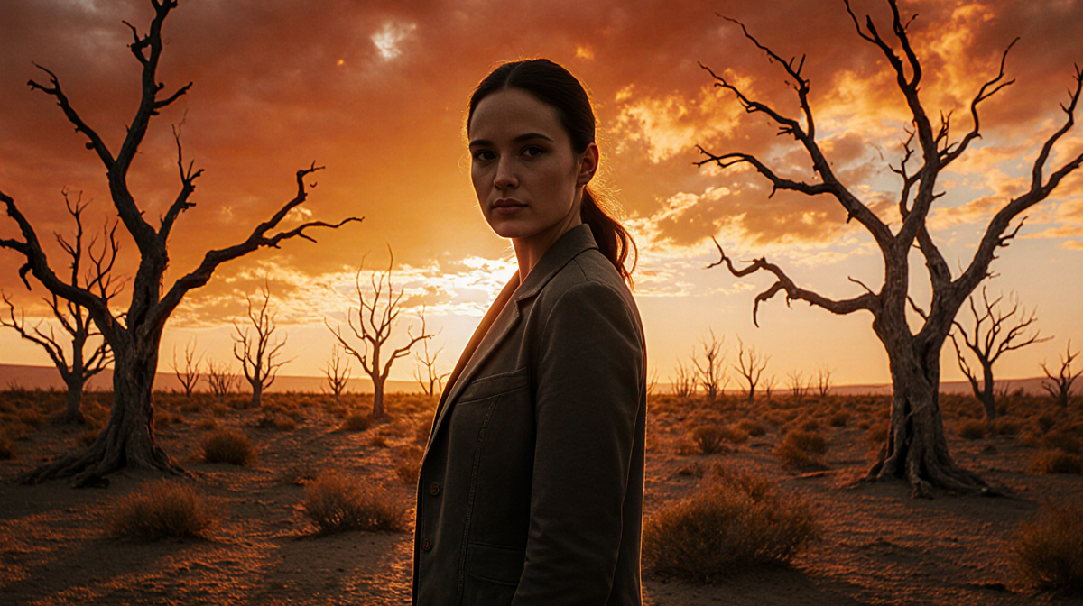 Ira Parker standing with drought-ravaged desert background and twisted parched trees under a fiery orange sky during Season 2