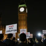 Iranian protesters facing officials with a looming clock tower behind them.