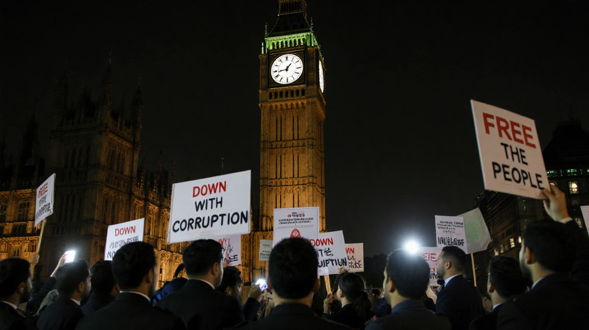 Iranian protesters facing officials with a looming clock tower behind them.