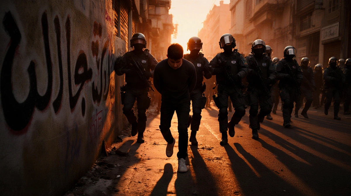 Protester being dragged with head bowed and hands behind back through streets in Iran with security forces in background