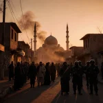 Protesters and riot police stand in a dusk street with orange sky and distant mosque dome