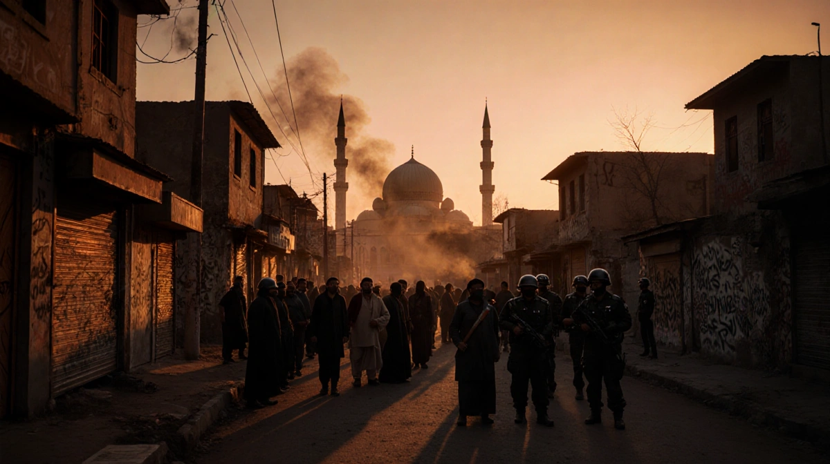 Protesters and riot police stand in a dusk street with orange sky and distant mosque dome