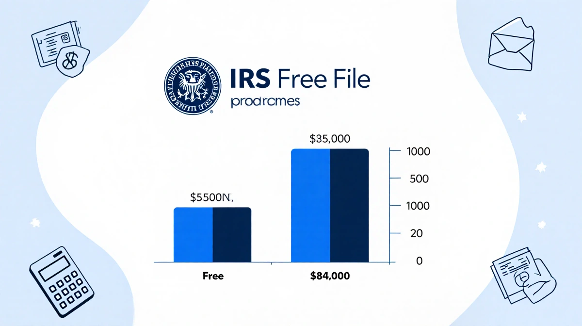 Infographic illustrates IRS Free File logo and a household income bar chart with an $84,000 threshold and subtle tax icons