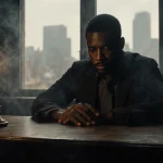 Isiah Whitlock Jr. staring into the dim candlelit desk with smoke swirling and a blurred New York City skyline behind him
