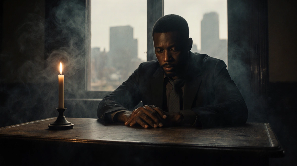 Isiah Whitlock Jr. staring into the dim candlelit desk with smoke swirling and a blurred New York City skyline behind him
