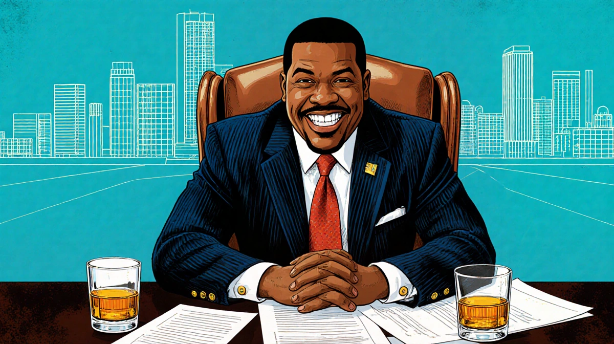 Clay Davis sits in a Senate chair surrounded by papers and empty whiskey glasses and faint Baltimore wireframe behind.