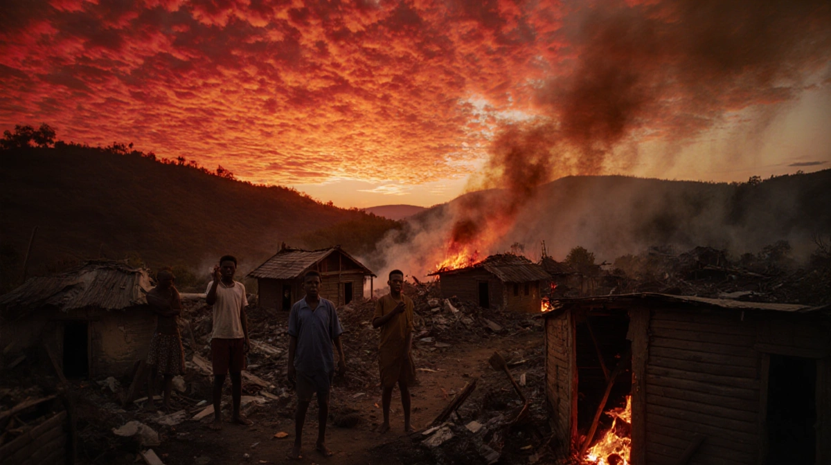 Villagers stand amid rubble with smoldering houses and orange dusk sky.